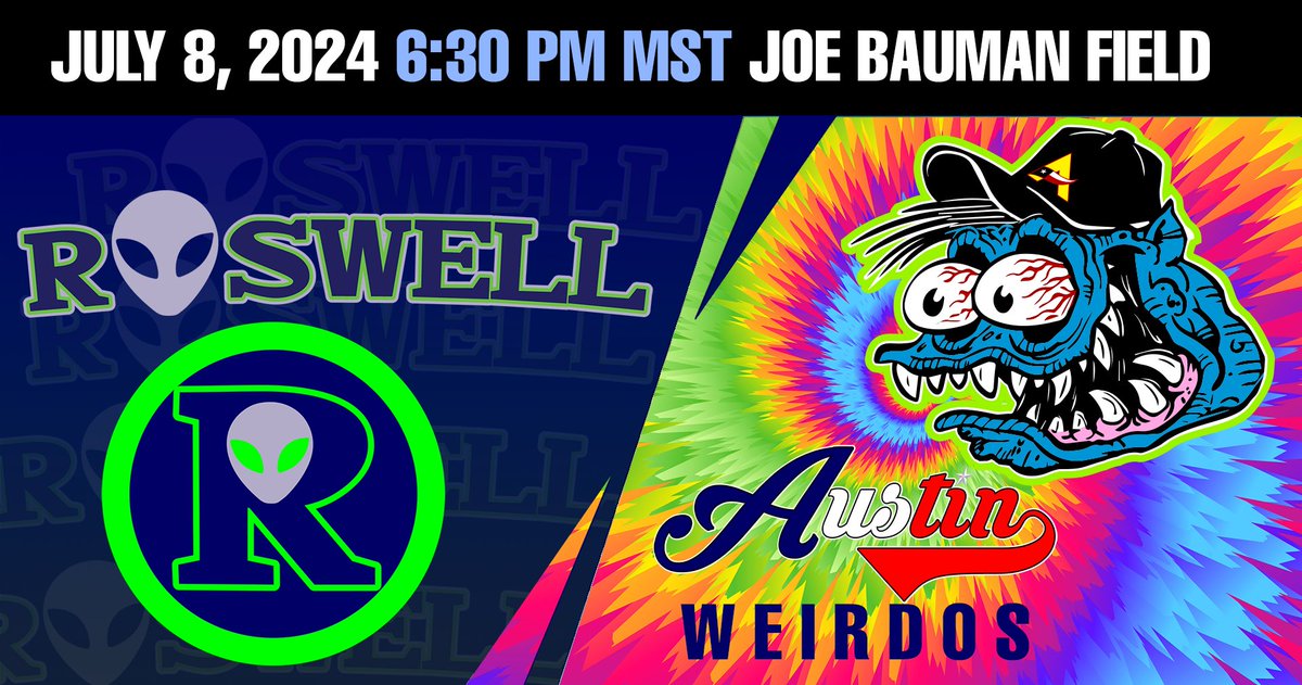 roswellinvaders's tweet photo. Austin Weirdos at Roswell Invaders at Joe Bauman Field.
7/8/2024 6:30:00 PM MST Pecos League Baseball.  

Tickets $10 at https://t.co/Td1l6arhhs

Watch Live at https://t.co/KAclTz6zBk https://t.co/qwoiBl6AOV