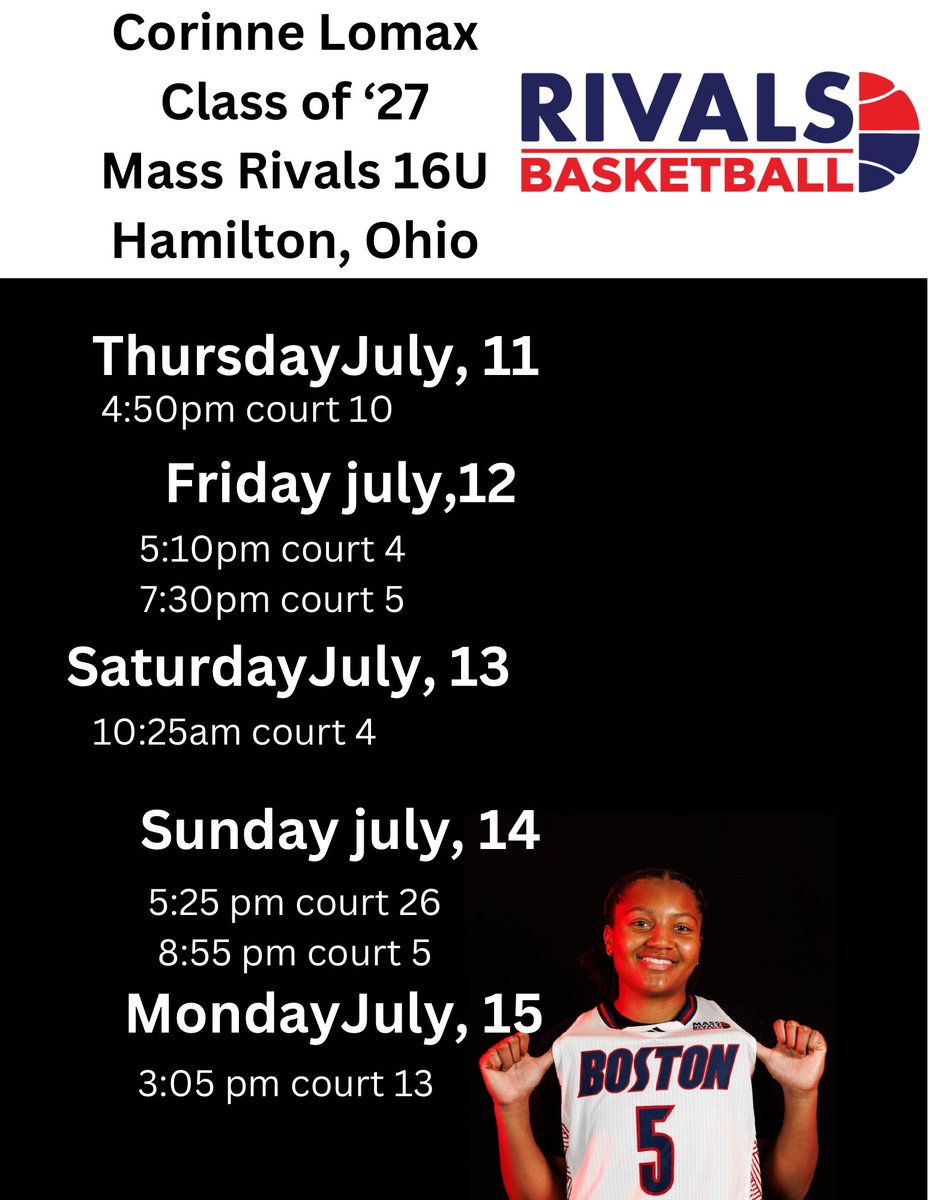 Corinne Lomax (@corinne_lo34) on Twitter photo Here is schedule for for <a href="/SelectEventsBB/">Select Events Basketball</a> super showcase 7/11-7/13 and Midwest summer classic 7/14-7/15
<a href="/LadyRivals/">Lady Rivals</a>
<a href="/IAMCoachU1/">Ushearnda Rae</a>
<a href="/TwinViZuals/">Twin ViZuals</a> Here is schedule for for <a href="/SelectEventsBB/">Select Events Basketball</a> super showcase 7/11-7/13 and Midwest summer classic 7/14-7/15
<a href="/LadyRivals/">Lady Rivals</a>
<a href="/IAMCoachU1/">Ushearnda Rae</a>
<a href="/TwinViZuals/">Twin ViZuals</a>