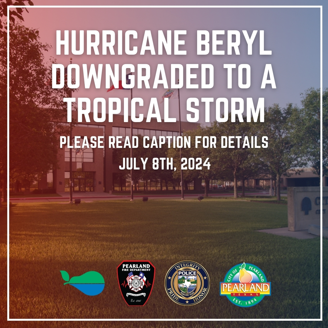 COPearland's tweet photo. Tropical Storm Beryl has been downgraded from a hurricane to a tropical storm. Despite this downgrade, we urge everyone to remain vigilant and take precautions.

Get Updates: Visit : https://t.co/uIOCKFgwkg for detailed information and updates. https://t.co/ihmnqFtKeq
