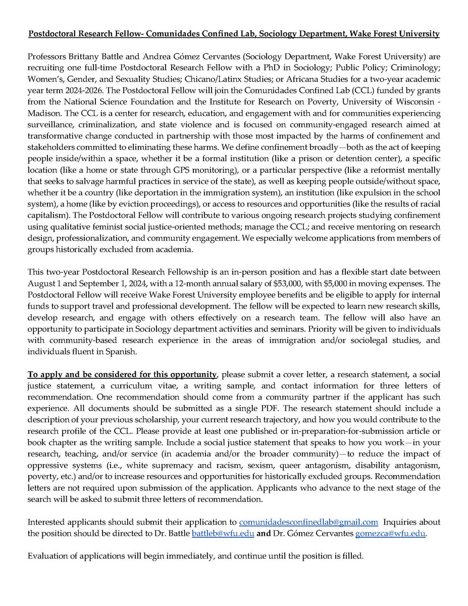Dra. Andrea Gomez Cervantes (she/ella) (@andreagc_soc) on Twitter photo Come join our team! 2-year Postdoc opportunity, to conduct Participatory Action Research with crim- and immigration-involved communities see below and reach out with any questions! <a href="/ASAmigration/">ASA Int'l Migration</a> <a href="/ASALatSoc/">ASA Latina/o Soc</a> <a href="/IRP_UW/">Poverty Research IRP</a> <a href="/Dr_B_Pearl/">Brittany P. Battle, PhD</a> Come join our team! 2-year Postdoc opportunity, to conduct Participatory Action Research with crim- and immigration-involved communities see below and reach out with any questions! <a href="/ASAmigration/">ASA Int'l Migration</a> <a href="/ASALatSoc/">ASA Latina/o Soc</a> <a href="/IRP_UW/">Poverty Research IRP</a> <a href="/Dr_B_Pearl/">Brittany P. Battle, PhD</a>