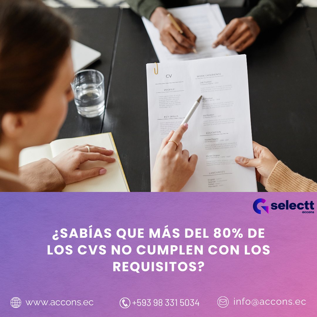 infoACCONS's tweet image. ¿Te ha pasado que recibes una montaña de CVs y ninguno cumple con lo que necesitas?Tranquilo,en #Selectt te apoyamos con nuestro proceso de selección de personal que se encarga de filtrar y preseleccionar a los candidatos ideales.Contáctanos
#seleccióndepersonal #Accons #Azuay