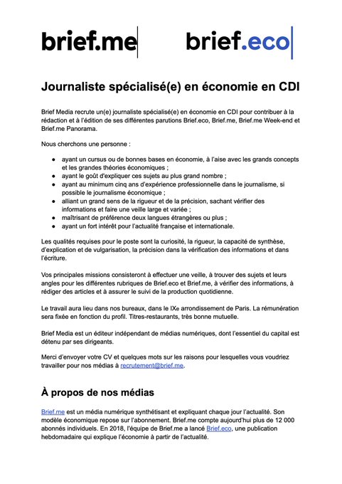 Nous recrutons pour Brief.me et Brief.eco un(e) journaliste en CDI pour expliquer l'actualité économique au plus grand nombre
brief.me/recrutement/jo…