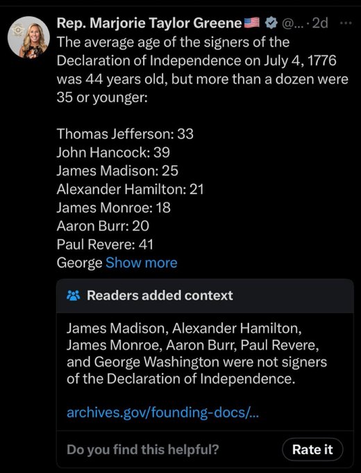 namwella1961's tweet photo. Trump thinks planes were used in the Revolutionary War, and Marjorie Taylor Greene thinks Paul Revere signed the Declaration of Independence.

This is what passes for GOP leadership🙄
#ProudBlue #TrumpIsNotFitToBePresident Marge #VoteBlueToStopTheStupid #VoteBlueToStopProject2025 https://t.co/fJU25LUqqZ