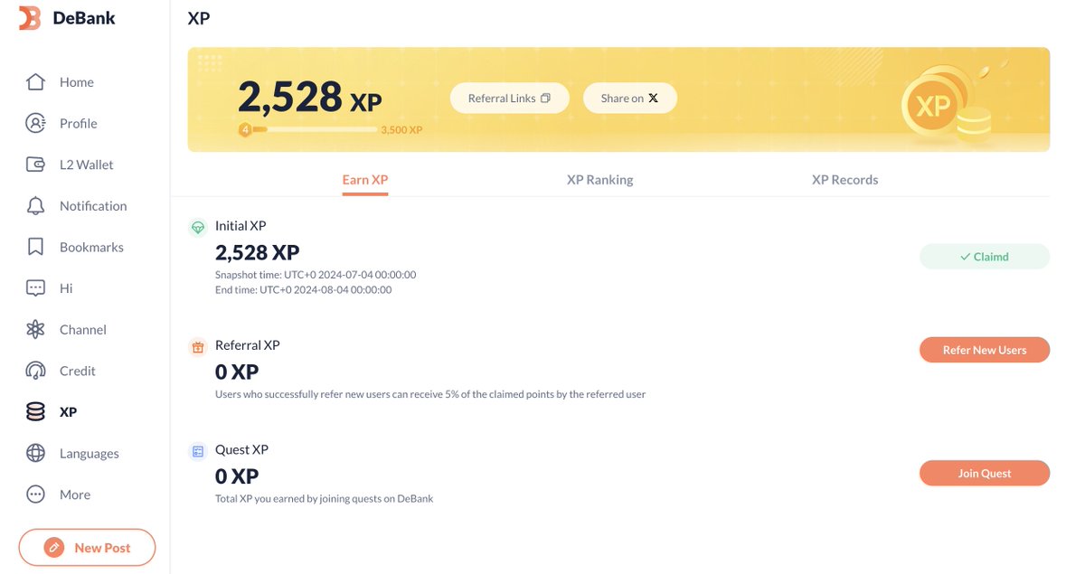 🔈 ⚡️Debank Airdrop — Debank XP Now Live🤑💰 ✅

🔗 Link — debank.com/claim?r=244686

➡️ Click On XP &amp;  Click on Claim 
➡️ Join and complete Quests launched by Official Accounts to earn more rewards and XP on an ongoing basis.

⭐️ 5% bonus if you use a my referral code.

💙
🔁RT