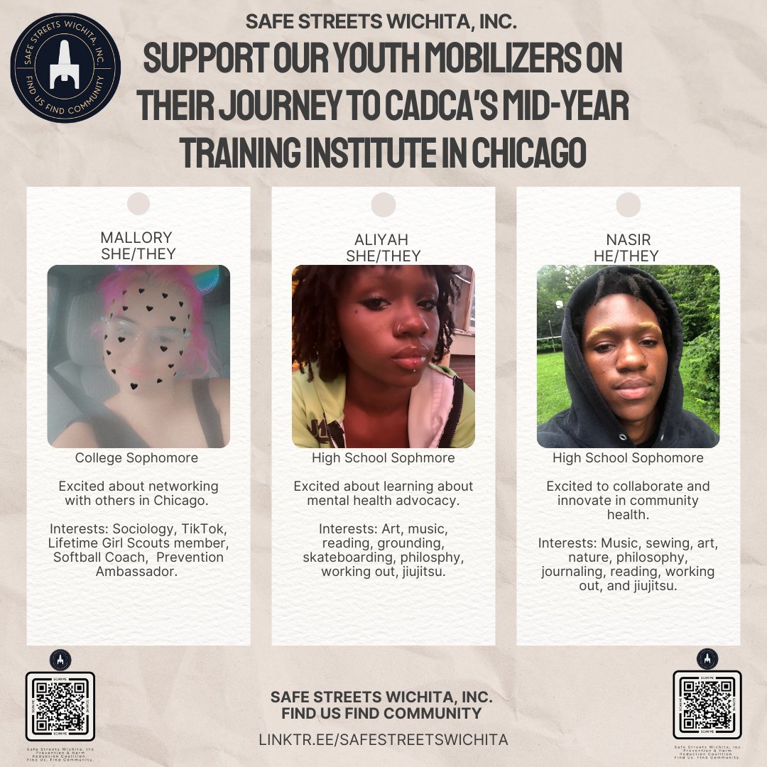SafeStreets316's tweet photo. Support Our Youth Mobilizers on Their Journey to @CADCA! 

Safe Streets Wichita will attend MYTI in Chicago from July 14-18, 2024! They will learn vital skills in coalition building, strategic planning, and more.

👉 Donate now: https://t.co/MXRVHmSU4Z
 💙 https://t.co/vBX8ldNp97