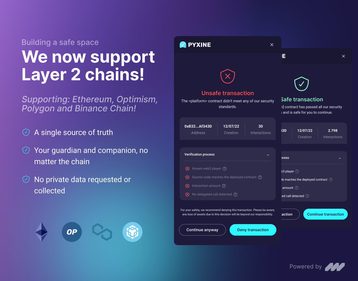 🚀 Pyxine now supports Layer 2 chains: Polygon, and Binance Smart Chain! 🎉
Perform risk scoring evaluations before any dApp transaction for enhanced security 🛡️
🔗 Download: bit.ly/3Rvuz0Y
🌐 Site: pyxine.io 
🎥 How it works: bit.ly/3VYF9PA