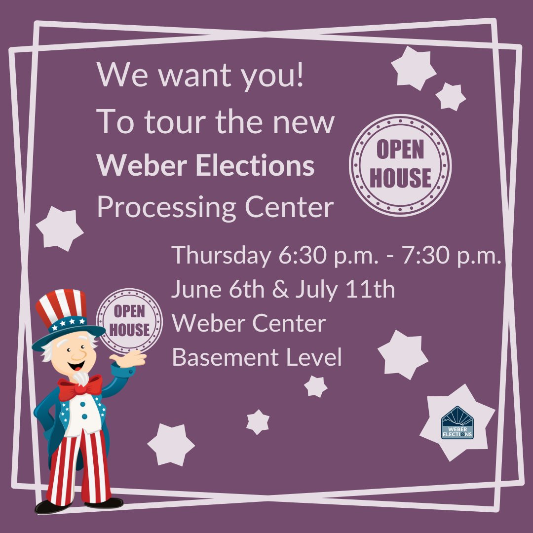 Join us for an Open House in the new Weber Elections processing center. July 11th from 6:30 p.m. - 7:30 p.m.
Basement level of the Weber Center.

#webercounty #weberelections #voters #information #openhouse
