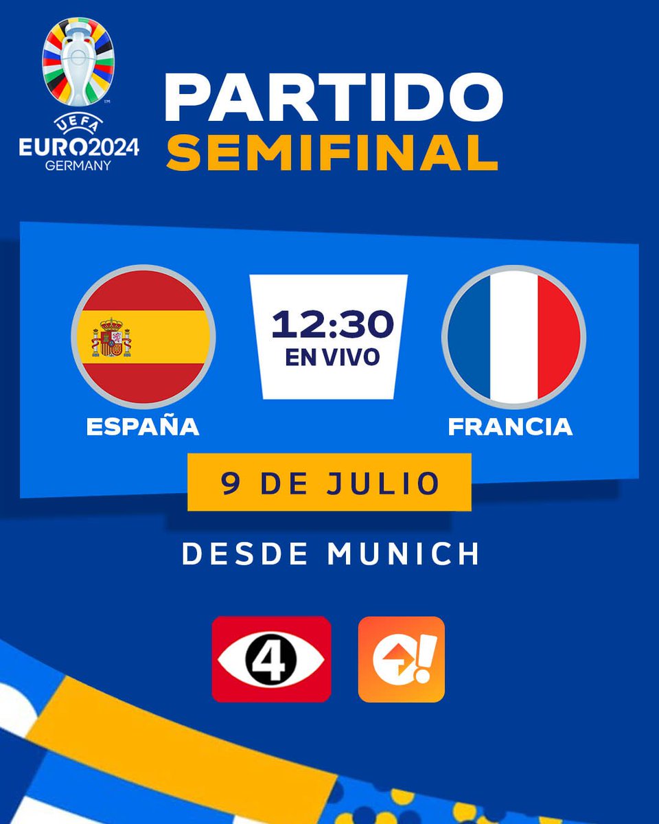 Canal4TCS's tweet photo. ¡LA EURO POR EL 4! 🤩🏆

SEMIFINAL.✨

🇪🇸España 🆚Francia 🇫🇷

🕛 12:30 P.M.
🗓️ Martes 09 de julio.
📺 En vivo por Canal 4 y TCS Go para usuarios en El Salvador.

#EuroXel4 | #tcsgo 📲⚽️🔥 https://t.co/Jj8mjeHBSF