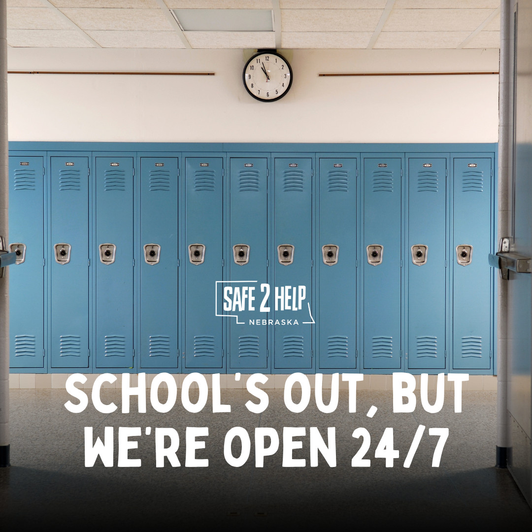 Safe2HelpNE's tweet photo. School might be out, but we're always here. ⏰
Safe2Help is available 24/7, even during breaks. Report any safety concerns anonymously at https://t.co/fQDs3zk0gA. #Safe2Help https://t.co/l2yW0bCLie