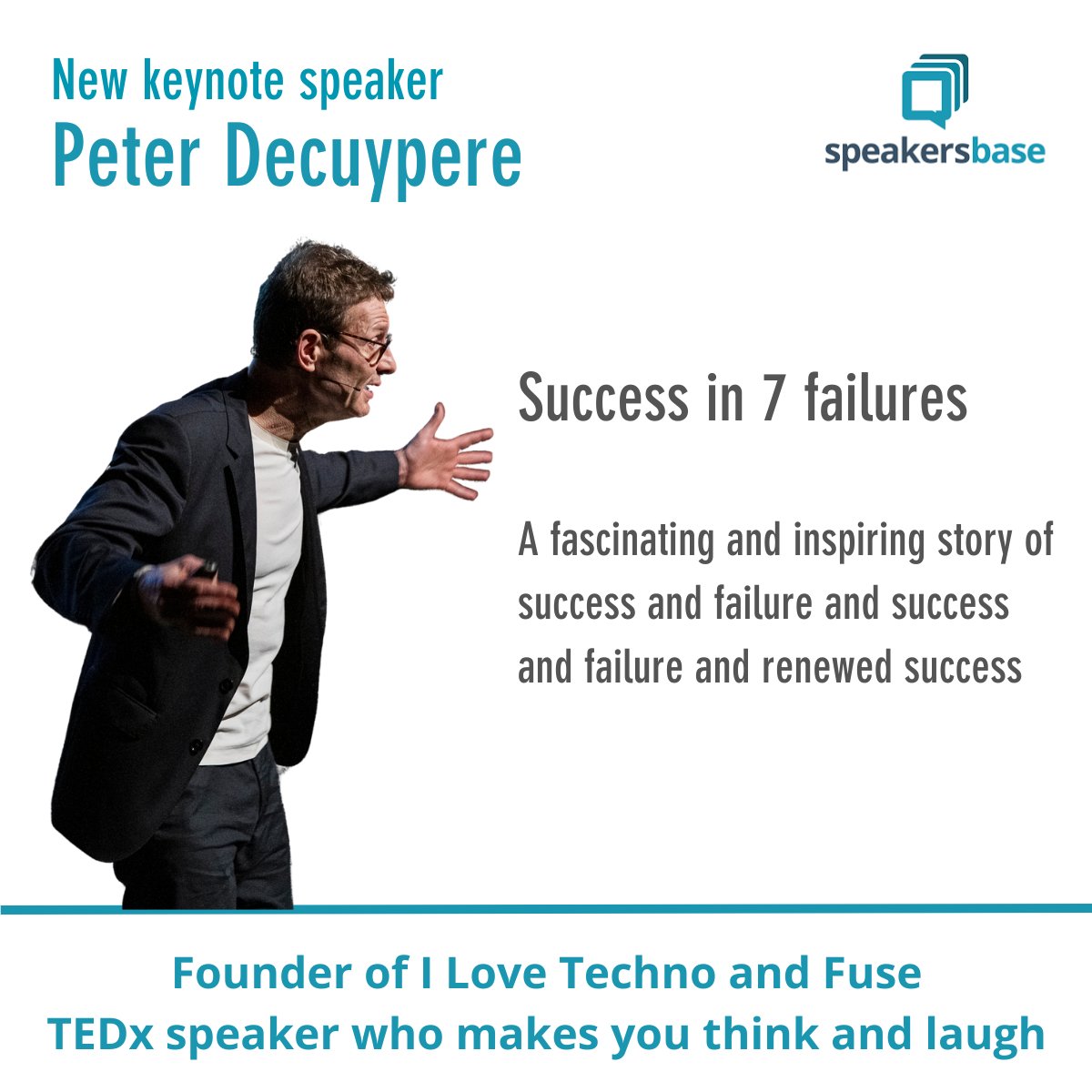🚀 Another engaging new speaker joins Speakersbase! Peter Decuypere is founding father of the world-renowned techno brands I Love Techno and Fuse🧨. 
🎤 More information and bookings on speakersbase.com/speakers/peter…