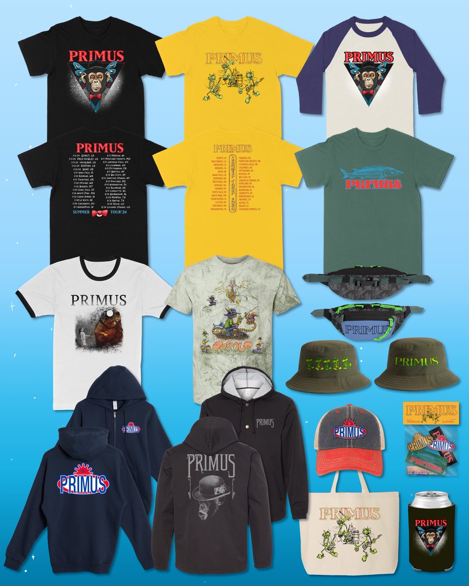 Summer Tour has kicked off and the merch booth is stocked with exclusive tour items including shirts, hoodies, hats, new windbreakers and fanny packs, &amp; more.  As always, each night will feature an exclusive, limited edition show poster.  US Tour Dates at primusville.com
