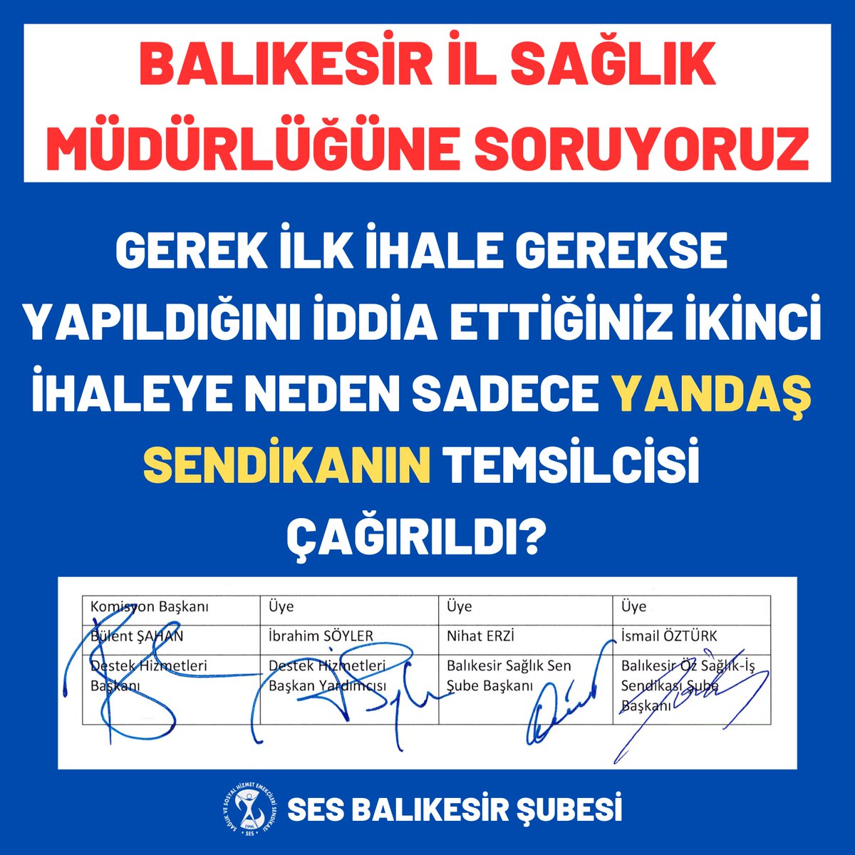 #BalıkesirSağlıkMüdürlüğü’ne soruyoruz:

Gerek ilk ihale gerekse yapıldığını iddia ettiğiniz ikinci ihaleye neden sadece yandaş sendikanın temsilcisi görevlendirildi?

@balikesirsaglik <a href="/TC_Balikesir/">Balıkesir Valiliği</a> <a href="/saglikbakanligi/">T.C. Sağlık Bakanlığı</a> <a href="/yapikredi/">Yapı Kredi</a>