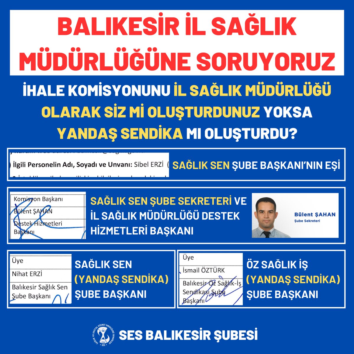 #BalıkesirSağlıkMüdürlüğü’ne soruyoruz:

Sağlık müdürlüğünü ve dolayısıyla ihaleleri kim yönetiyor? Yandaş sendikanın yöneticileri ve üyelerinden başka ihale komisyonuna dahil olabilecek personeliniz yok mudur? Bu ihaleden yandaş sarı sendikanın çıkarı mı vardır? Herhangi bir