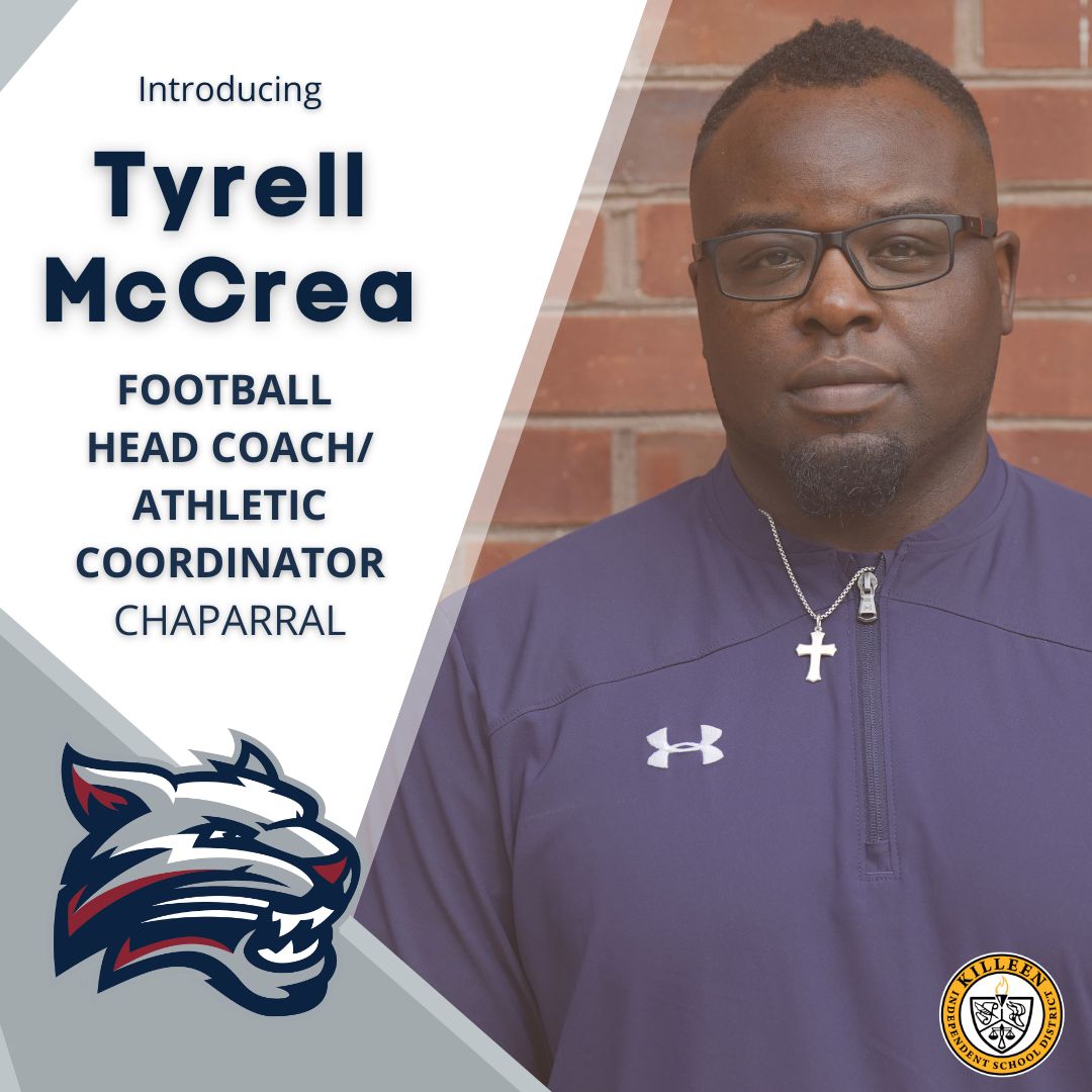 Killeen ISD would like to introduce Tyrell McCrea as the new Chaparral Bobcats (<a href="/CHSBobcatsFB/">Chaparral HS Football</a>) football head coach/athletic coordinator. Welcome, Coach!
More: tinyurl.com/4kmk5xc6