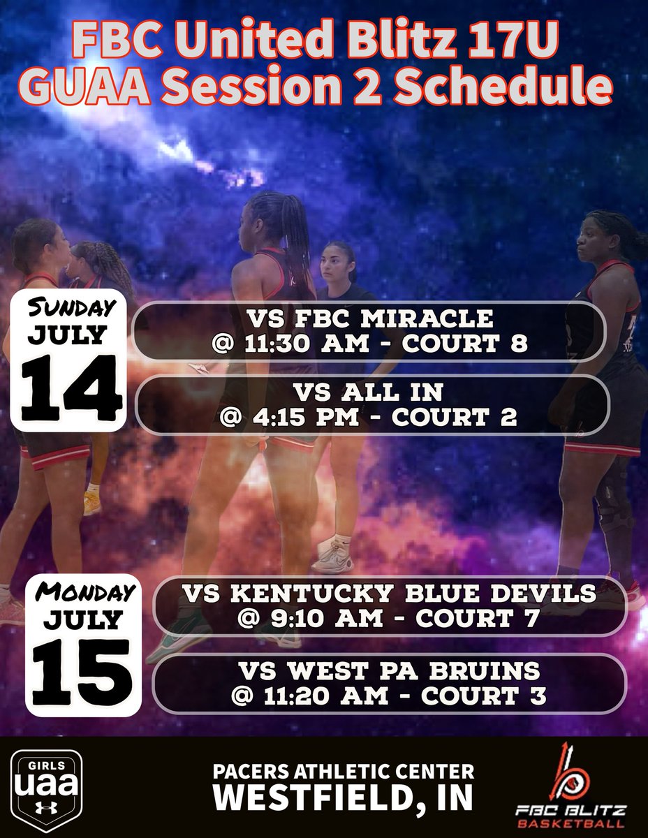 FBC Blitz (@blitzfbc) on Twitter photo FBC United Blitz will be in Westfield, IN for the 2nd round of the GUAA Rise Circuit July 14/15. We look forward to competing against some of the top teams in the country. Here is our schedule. <a href="/milannis2134/">Milanni Abdus-Salaam</a> <a href="/MakRob14/">Makayla Roberson</a> <a href="/JoyTchamabe2025/">Joy Tchamabe</a> <a href="/SlaterMorghan/">morghan slater</a> <a href="/mckinleyb03/">Mckinley Brothers</a> <a href="/carolynf5bball/">Carolynf_basketball</a> FBC United Blitz will be in Westfield, IN for the 2nd round of the GUAA Rise Circuit July 14/15. We look forward to competing against some of the top teams in the country. Here is our schedule. <a href="/milannis2134/">Milanni Abdus-Salaam</a> <a href="/MakRob14/">Makayla Roberson</a> <a href="/JoyTchamabe2025/">Joy Tchamabe</a> <a href="/SlaterMorghan/">morghan slater</a> <a href="/mckinleyb03/">Mckinley Brothers</a> <a href="/carolynf5bball/">Carolynf_basketball</a>