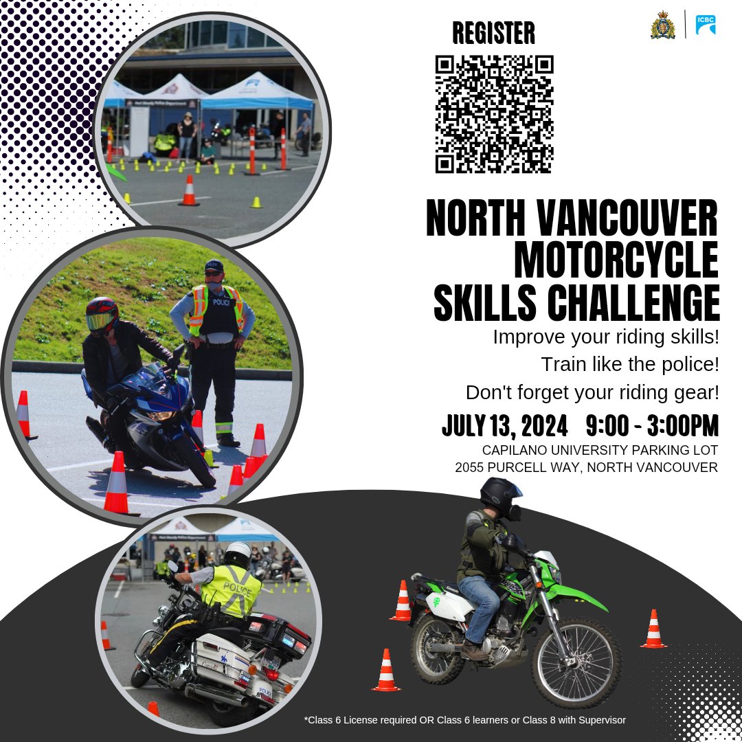 🏍️👇THIS SATURDAY! 👇🏍️

It's *FREE*
Mark your calendars!
Hope to see you <a href="/CapilanoU/">Capilano University</a> #NorthVan Campus on Jul 13 anytime from 9am - 3pm.
Register below of just show up with your motorcycle and riding gear! 
(*Class 6 License required OR Class 6 or 8 w/supervisor)
🏍️🏍️🏍️🏍️