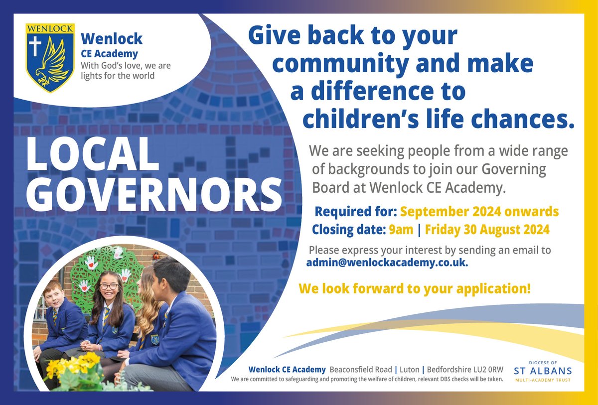 Ms Burke (@msburkeheadt) on Twitter photo <a href="/WenlockAcademy/">Wenlock CE Academy</a> needs a new Local Governor. Could it be you? If interested, send us an email, and we can tell you more about how giving back to your community helps it grow stronger.
<a href="/DSAMATTED/">Gemma Barber FCCT</a> <a href="/stalbansdioedu/">Diocese of St Albans Schools Team</a>
#luton #churchschool #Values <a href="/WenlockAcademy/">Wenlock CE Academy</a> needs a new Local Governor. Could it be you? If interested, send us an email, and we can tell you more about how giving back to your community helps it grow stronger.
<a href="/DSAMATTED/">Gemma Barber FCCT</a> <a href="/stalbansdioedu/">Diocese of St Albans Schools Team</a>
#luton #churchschool #Values