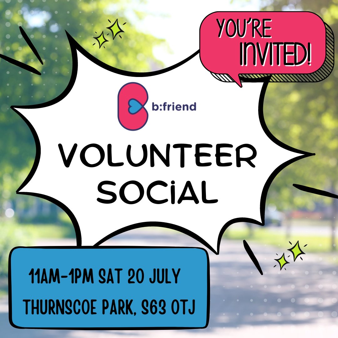 It's time to get social🎉! Fancy meeting our team &amp; other volunteers for a bite &amp; a chat? Come along to our #Barnsley Volunteer #Social in #Thurnscoe Park🌳. We welcome our current volunteers &amp; anyone who'd like to find out more about #befriending. 

👉🔗: bit.ly/4eX6Ela