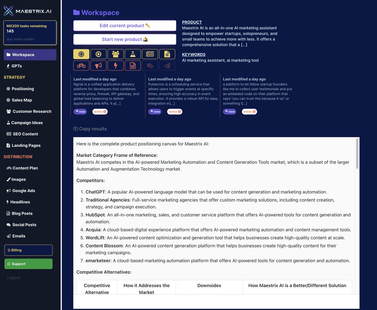 Hey guys! 

I'm the founder and CEO of <a href="/getmaestrix/">Maestrix AI</a> , building an all-in-one AI #marketing tool for small teams and startups to use. 

It's a suite of advanced marketing prompts into one easy-to-use solution to quickly design and generate insight-driven campaigns. DM me for more!