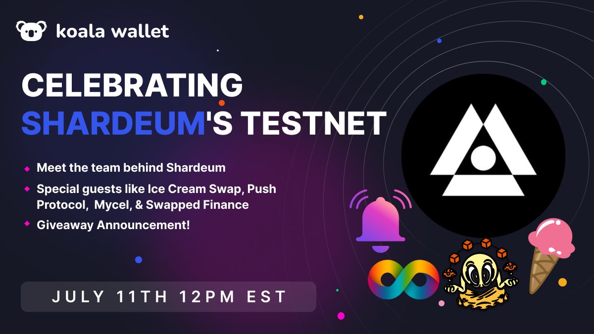 Koala Wallet (@koalawallet) on Twitter photo 🧨 Join our AMA, Celebrating @Shardeum's Testnet 🎉
🐨 Special guests like <a href="/icecream_swap/">IceCreamSwap</a>, <a href="/pushprotocol/">Push</a>, <a href="/Lyncworld/">LYNC</a>, <a href="/SwappedFinance/">Swapped Finance, Leading DEX on Shardeum</a> & more!
📅 July 11th
⏰ 12PM EST
🎁 #GIVEAWAY announcement!
Get ready! ⤵️
x.com/i/spaces/1yoKM… 🧨 Join our AMA, Celebrating @Shardeum's Testnet 🎉
🐨 Special guests like <a href="/icecream_swap/">IceCreamSwap</a>, <a href="/pushprotocol/">Push</a>, <a href="/Lyncworld/">LYNC</a>, <a href="/SwappedFinance/">Swapped Finance, Leading DEX on Shardeum</a> & more!
📅 July 11th
⏰ 12PM EST
🎁 #GIVEAWAY announcement!
Get ready! ⤵️
x.com/i/spaces/1yoKM…