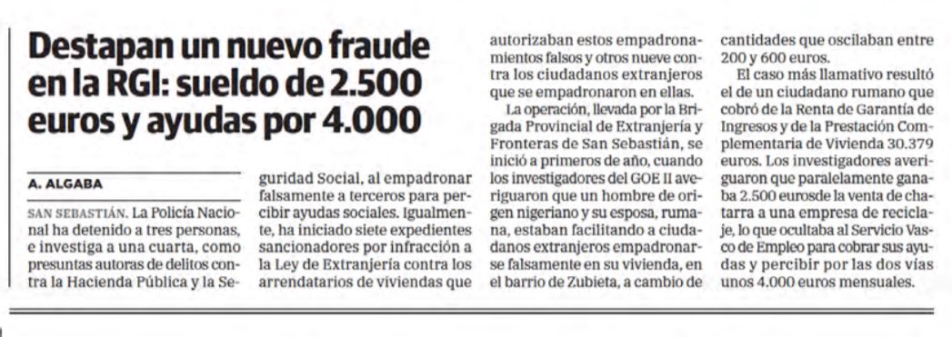 La RGI en Euskadi es un coladero que funciona sin ningún control.

Hoy hemos vuelto a conocer otro fraude y ya he perdido la cuenta de los que llevamos.

📰 <a href="/elcorreo_com/">El Correo</a>: «Destapan un nuevo fraude en la RGI: sueldo de 2.500 euros y ayudas por 4.000»