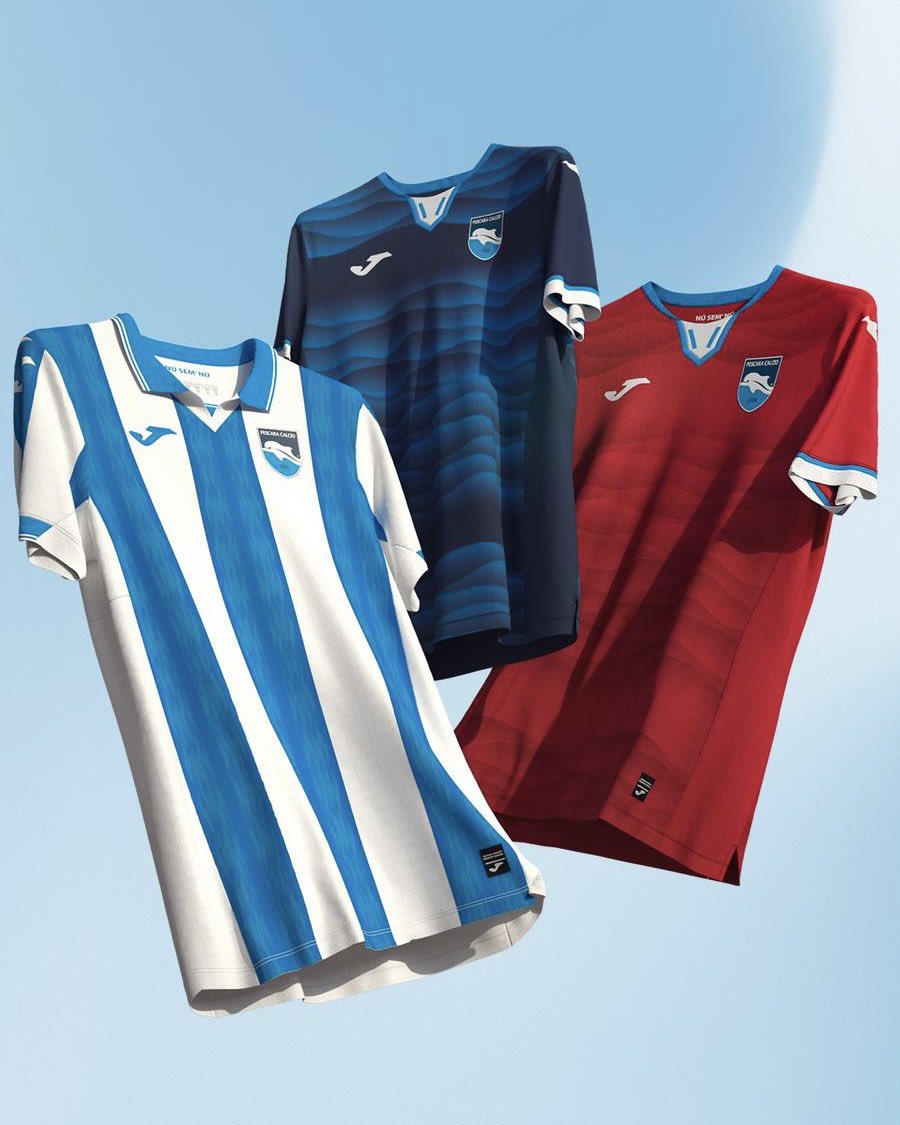 ペスカーラ2024/2025ユニフォーム。 左からHome、Away、3rd。 どれも