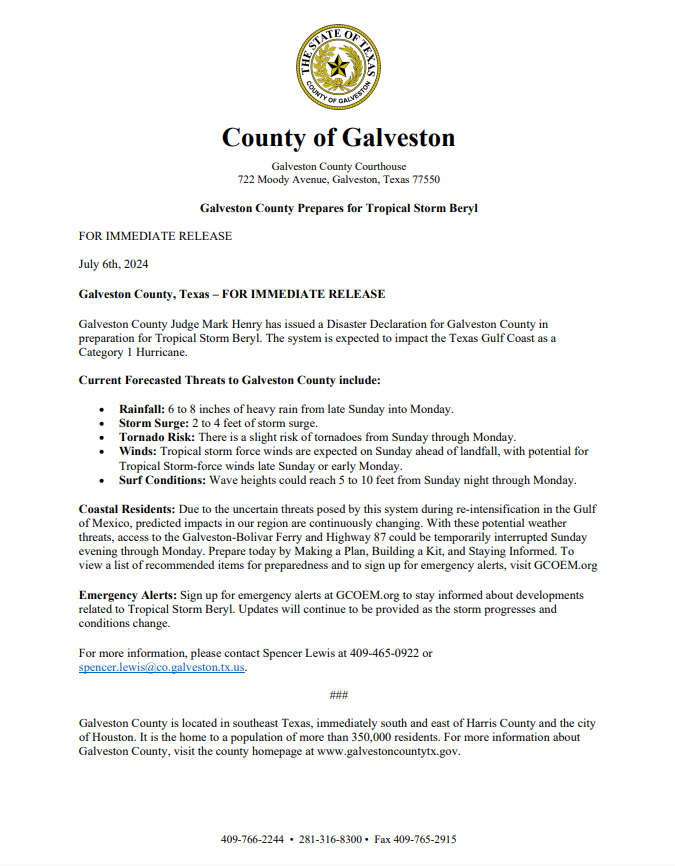 galvcountyoem's tweet photo. Galveston County Judge Mark Henry has issued a Disaster Declaration for Galveston County in preparation for Tropical Storm Beryl. The system is expected to impact the Texas Gulf Coast as a Category 1 Hurricane. https://t.co/9xv7fMi2S2