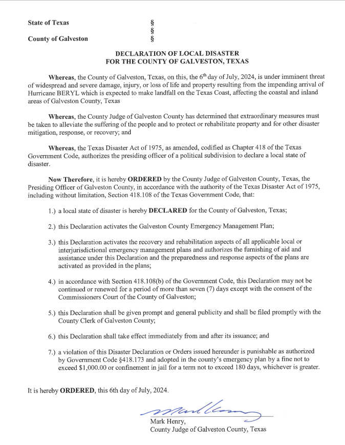 galvcountyoem's tweet photo. Galveston County Judge Mark Henry has issued a Disaster Declaration for Galveston County in preparation for Tropical Storm Beryl. The system is expected to impact the Texas Gulf Coast as a Category 1 Hurricane. https://t.co/9xv7fMi2S2