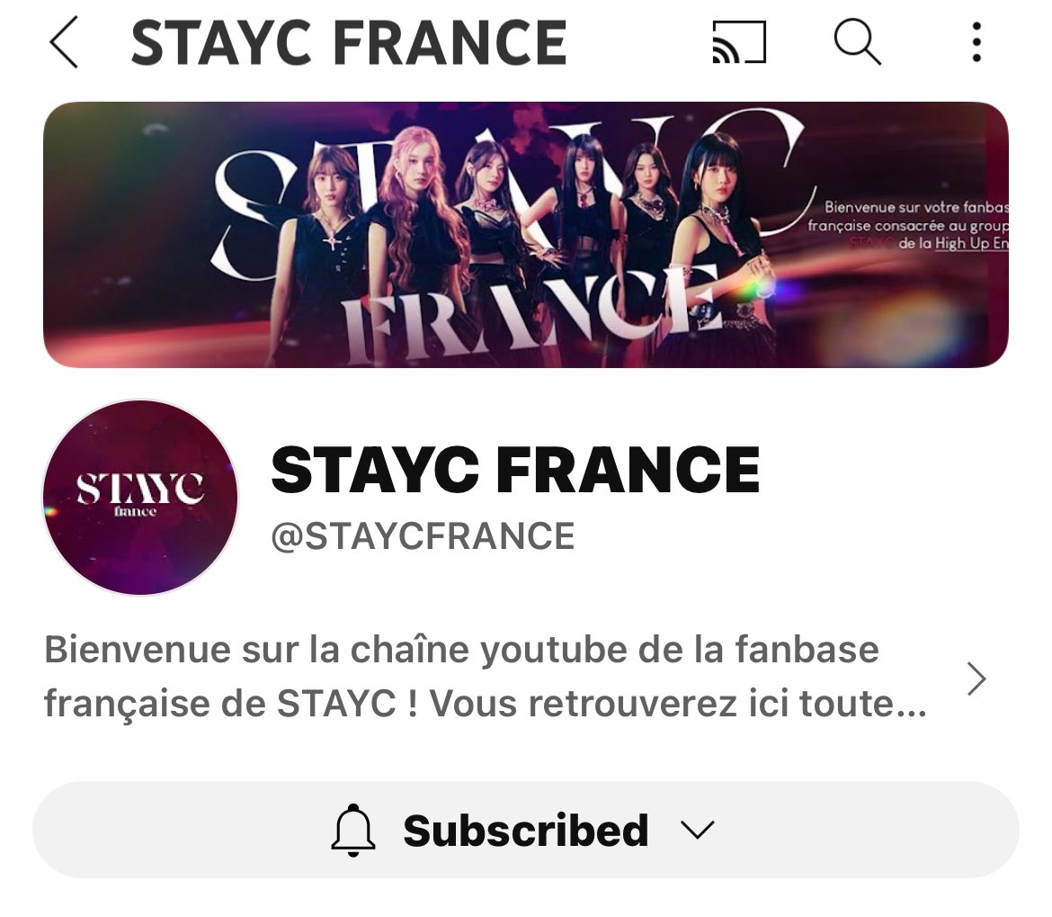 ( 📢 ) Votre fanbase débarque enfin sur YouTube !

Découvrez très prochainement les traductions françaises pour les vidéos de #STAYC !

N’hésitez pas à nous suivre là-bas aussi pour en savoir plus sur nos filles!

Lien : youtube.com/@staycfrance?s…

#STAYC <a href="/STAYC_official/">STAYC(스테이씨)</a> › 🔮