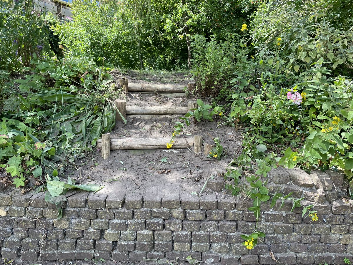 Tuinwerkdag vandaag. Heel veel gewied en ondertussen herstelden KT-Lambert en KT-Frank het trapje aan de zijkant van het amfitheater.
