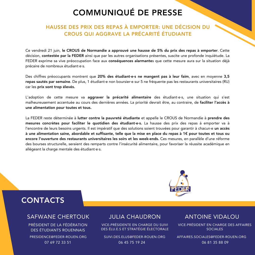la_feder's tweet image. 🟠🔵 Le vendredi 21 juin, le CROUS de Normandie a approuvé une hausse de 5% du prix des repas à emporter.
La FEDER reste déterminée à lutter contre la précarité étudiante. Nous demandons la mise en place du repas à 1€ pour tou·te·s et l’ouverture des RU les soirs et week-ends.