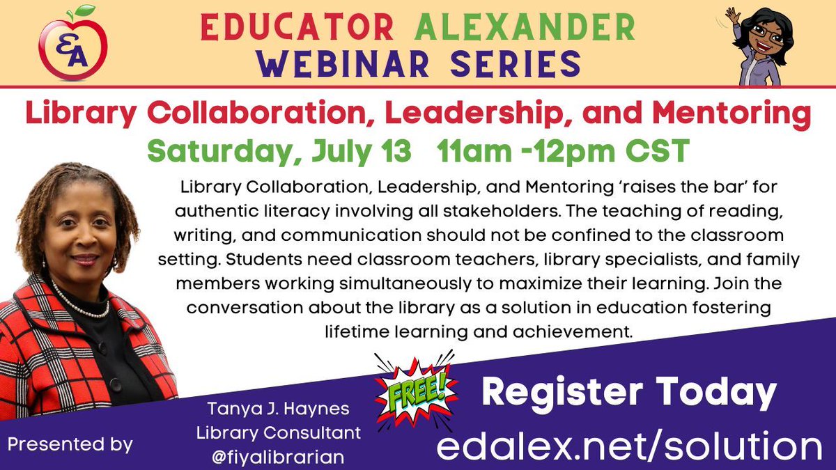 educatoralex's tweet photo. 📢Library Collaboration, Leadership, and Mentoring

Sat., Jul 13
11a-12p cst

☑️https://t.co/D8CYBSxKzS

#futurereadylibs #librarian #librarytwitter #library #ala #yalsa #librarylife #books #aasl #infolit #globaltl #tlchat #tlelem #istelib #aisl #LoveLibraries @fiyalibrarian https://t.co/cXzJjVN1fF