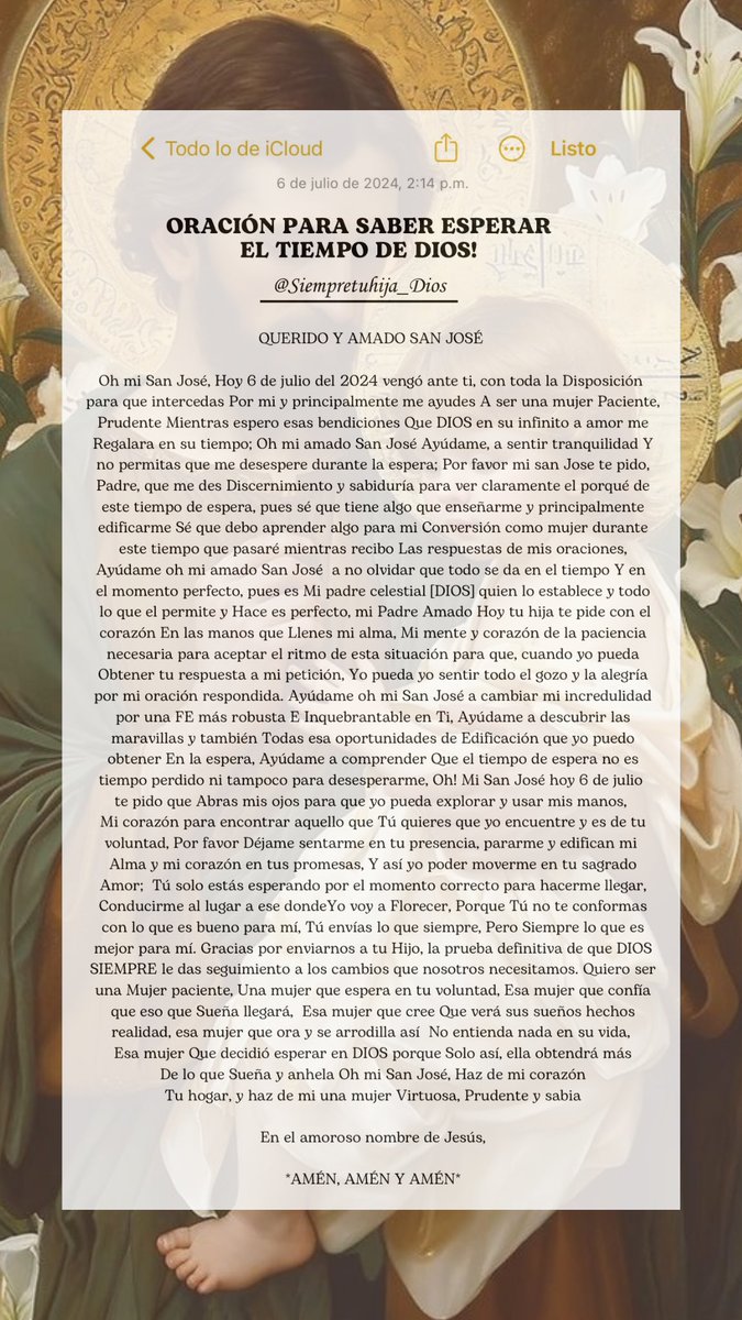𝐎𝐑𝐀𝐂𝐈𝐎̀𝐍 𝐏𝐀𝐑𝐀 𝐒𝐀𝐁𝐄𝐑 𝐄𝐒𝐏𝐄𝐑𝐀𝐑
𝐄𝐋 𝐓𝐈𝐄𝐌𝐏𝐎 𝐃𝐄 𝐃𝐈𝐎𝐒✨🌷⭐️

𝗈𝗁! 𝗆𝗂 𝗌𝖺𝗇 𝗃𝗈𝗌𝖾 𝖧𝖺𝗓 𝖽𝖾 𝗆𝗂 𝗎𝗇𝖺 𝗆𝗎𝗃𝖾𝗋 
𝖯𝖺𝖼𝗂𝖾𝗇𝗍𝖾, 𝖲𝖺𝖻𝗂𝖺, 𝗒 𝗉𝗋𝗂𝗇𝖼𝗂𝗉𝖺𝗅𝗆𝖾𝗇𝗍𝖾 
𝖵𝗂𝗋𝗍𝗎𝗈𝗌𝖺...