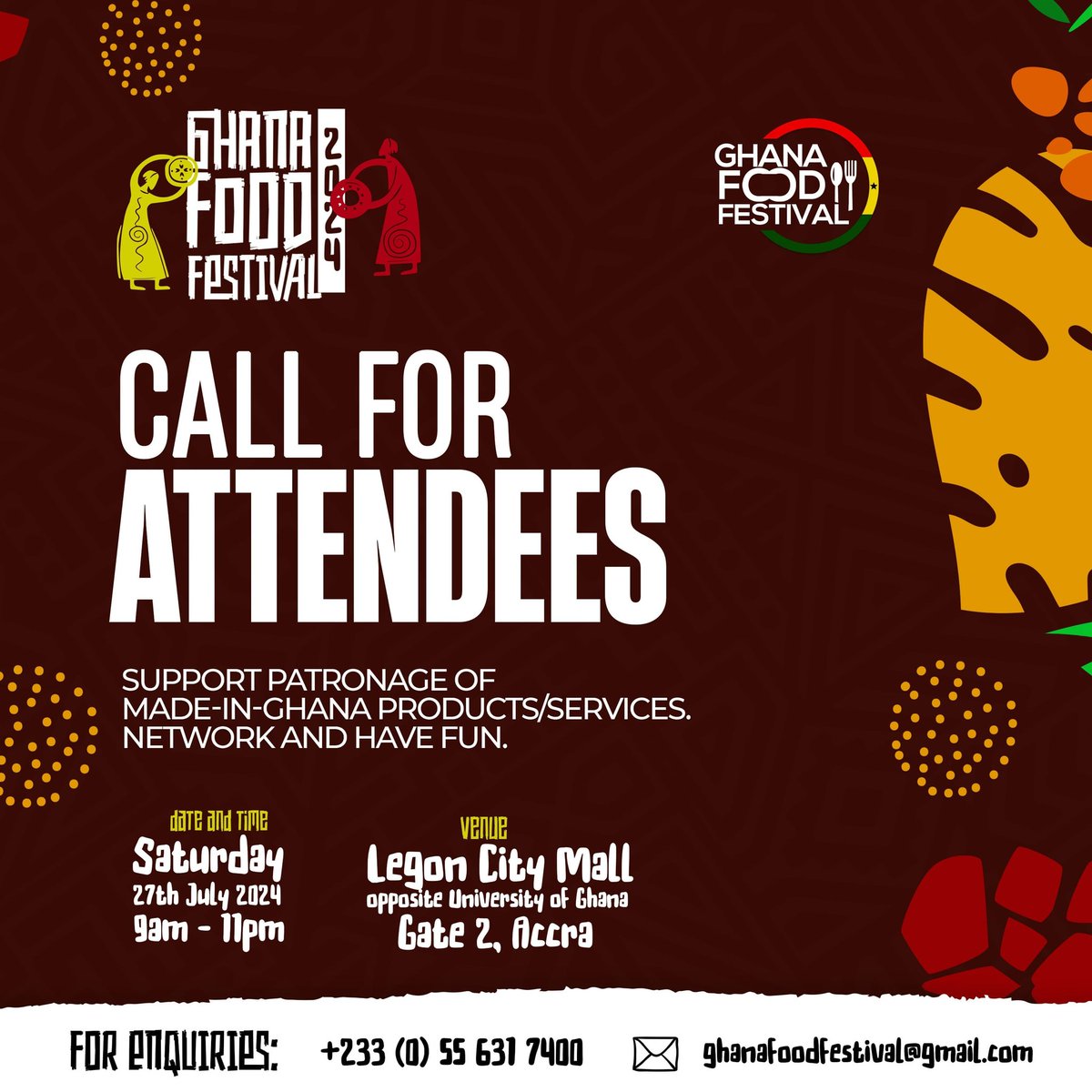 Ghfoodfestival's tweet photo. ATTEND GHANA FOOD FESTIVAL 2024 FOR FREE! ππ΄
Join us on Saturday, July 27th at the @legonCityMall forecourt for a day of food, fun, and entertainment. π₯³
Bring your friends and family along! Admission is free! π€
See you there! π€©
#Ghana #Chefsmith #accra https://t.co/RMfSKP5KBZ