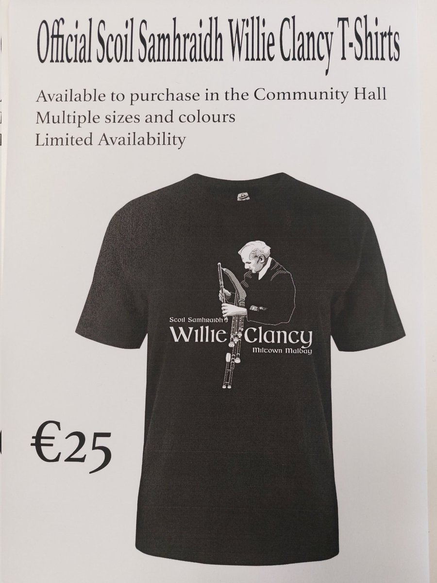 SSWillieClancy (@ss_willieclancy) on Twitter photo Official <a href="/ss_willieclancy/">SSWillieClancy</a> T-shirts
Available to purchase at the Community Centre Miltown Malbay
Multiple sizes & colours - €25
Limited Availability Official <a href="/ss_willieclancy/">SSWillieClancy</a> T-shirts
Available to purchase at the Community Centre Miltown Malbay
Multiple sizes & colours - €25
Limited Availability