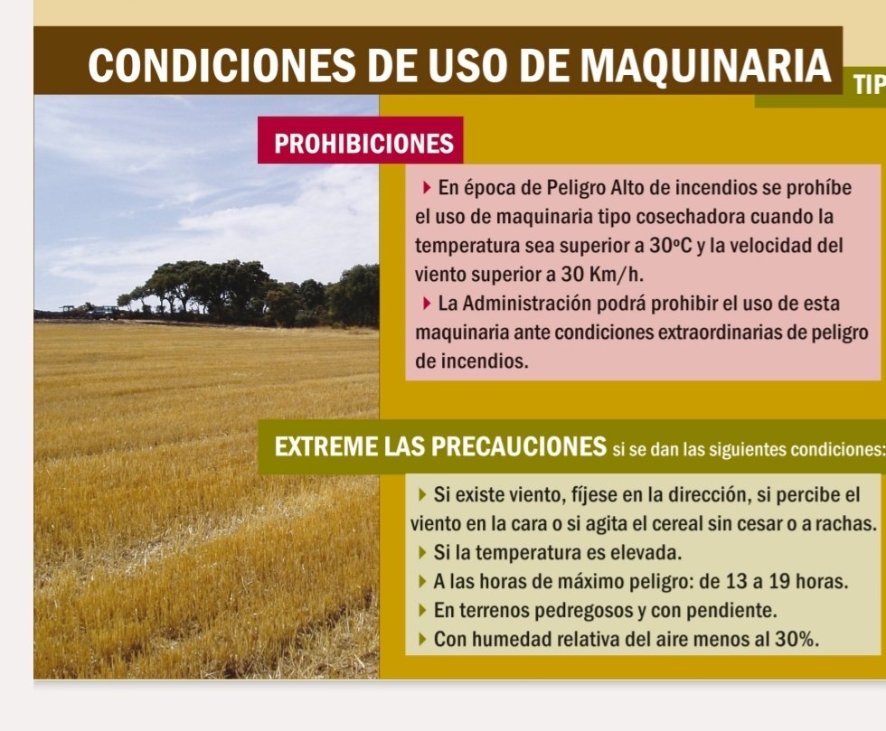 ASDEN_Soria's tweet image. En días de calor aumenta el riesgo de #IIFF provocado por maquinaria en el medido rural; en especial por cosechadoras y empacadoras; que aumenta con el viento.
Una orden de #JCyL de 2013, q debería actualiizarse, da consejos y obligaciones.
jcyl.es/junta/cma/2017…