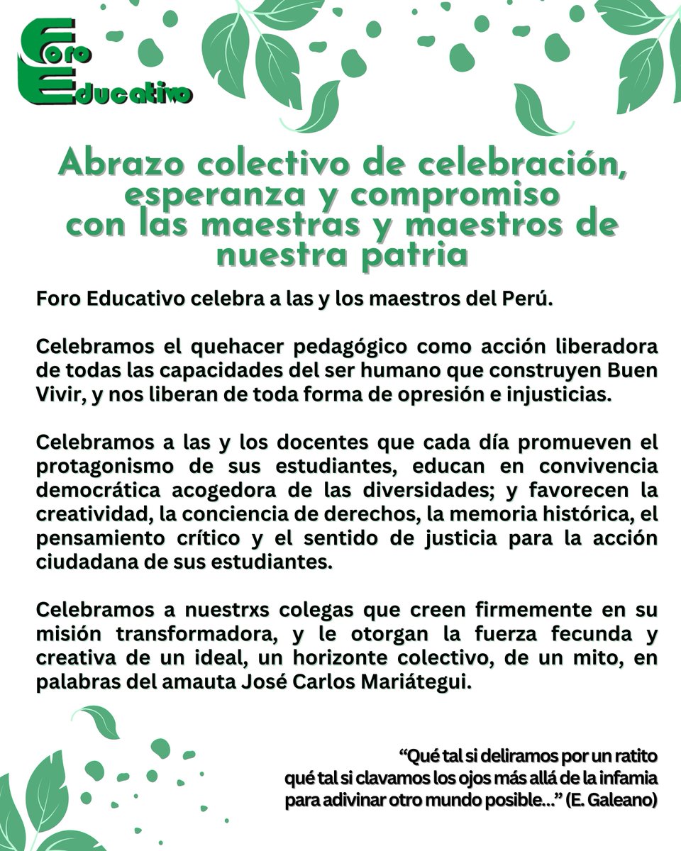 Foroeducativo's tweet photo. Abrazo colectivo de celebración, esperanza y compromiso
con las maestras y maestros de nuestra patria

#maestros #diadelmaestro #teachers #perú #docentesperuanos https://t.co/BxZgnC5D7q