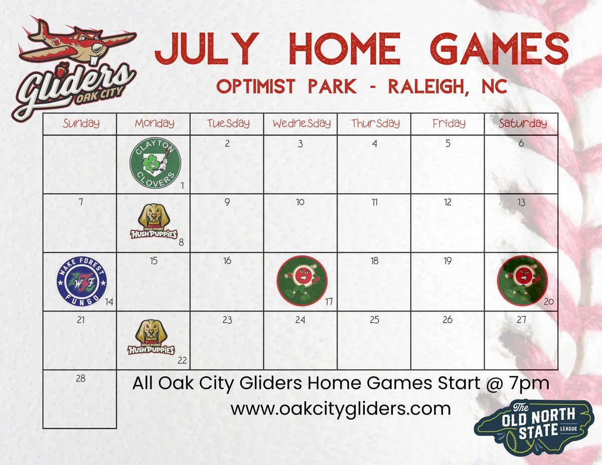 RaleighRedOaks's tweet photo. GLIDER FANS - Check out the schedule below & make sure you mark your calendars as the Oak City Gliders only have 5 more HOME games for the remainder of the season. Of course they will be traveling in between those games but we would LOVE to see you at Optimist Park. #letsglide https://t.co/ru1ezGGDdb