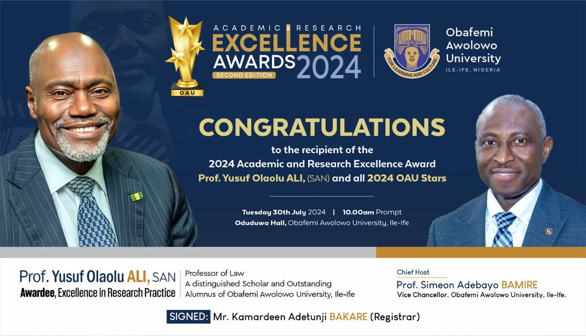 akakanni1's tweet photo. @oau_cor @OAUniversity 
Congratulations to the best and brightest #OAU Stars.

Congratulations 🍾 🎊 Prof.  Yusuf Ali (SAN). @YusufAli.

See you all on 
July 30th at Oduduwa Hall OAU @ 10am. https://t.co/eIwH1iycP4