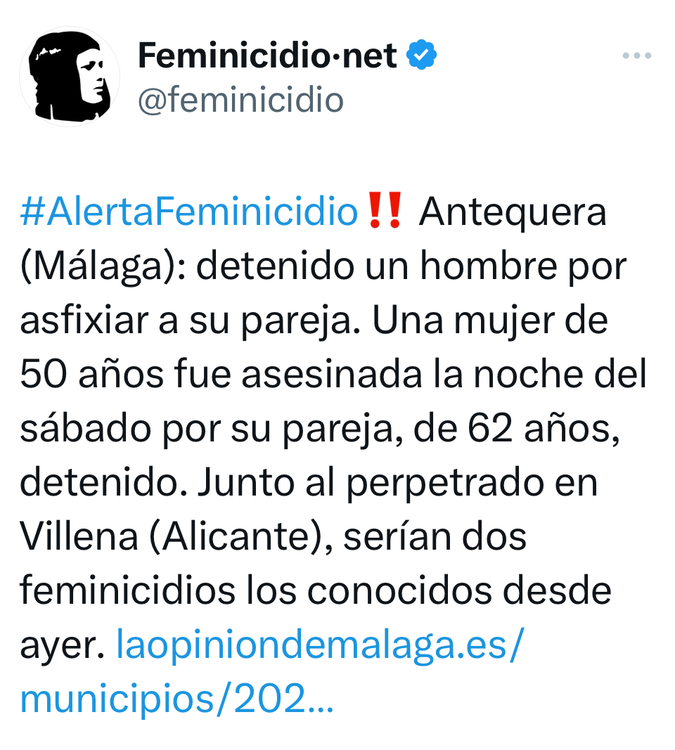 🚨🚨#AlertaFeminicidio se investigan dos nuevos casos de asesinatos machistas conocidos desde ayer: en Villena (Alicante) y en Antequera (Málaga), ambos atribuidos a las parejas de las víctimas. Urgen medidas más eficaces de prevención, detección temprana y protección de las