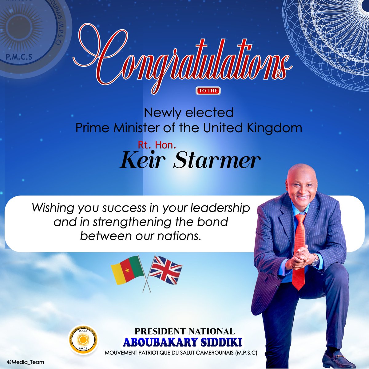 MpscSiddiki's tweet photo. Congratulations @Keir_Starmer
#UKElections2024 #UKPolitics #LeadershipMatters #MPSC #ChangeBeginNow #Cameroon #DemocracyIsOnTheBallot https://t.co/nZnqe8UFmt