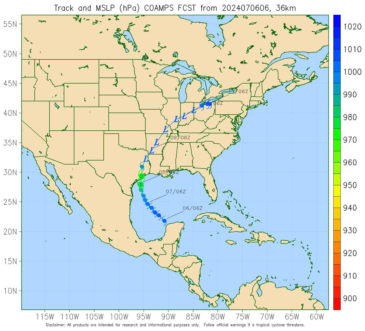 weathertrackus's tweet image. COAMPS projects a Category 2 landfall S of Houston, which besides the easterly track could be realistic, depending on the timing of Beryl and when the harsh shear moves out.

Not a lot of time for intensification, but in some rare cases, hurricanes can jump extremely quickly in…