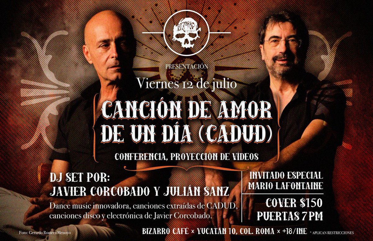 Javier Corcobado (@sr_corcobado) on Twitter photo El viernes 12 de julio a las 7 pm nos vemos en <a href="/BizarroCafe/">Bizarro Café</a>. Conferencia, vídeos y sesión de baile con piezas de CADUD. Con: <a href="/lafontainetouch/">Mario Lafontaine González</a>, <a href="/Sr_Corcobado/">Javier Corcobado</a>, Julián Sanz y Mariana Hernández
<a href="/raquelzaratemx/">Raquel Zárate</a> El viernes 12 de julio a las 7 pm nos vemos en <a href="/BizarroCafe/">Bizarro Café</a>. Conferencia, vídeos y sesión de baile con piezas de CADUD. Con: <a href="/lafontainetouch/">Mario Lafontaine González</a>, <a href="/Sr_Corcobado/">Javier Corcobado</a>, Julián Sanz y Mariana Hernández
<a href="/raquelzaratemx/">Raquel Zárate</a>