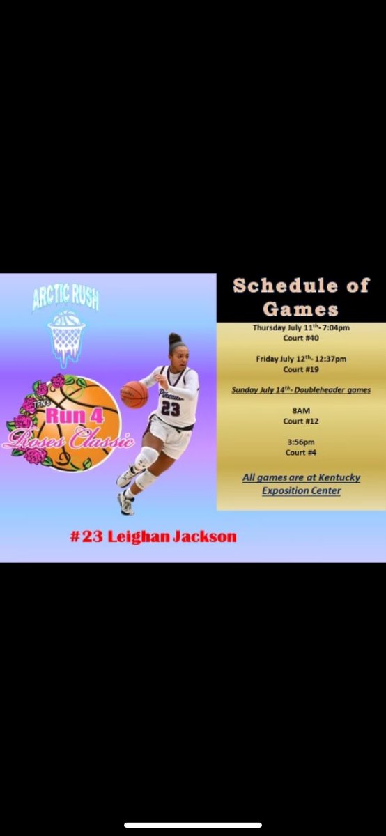 Leighan Jackson (@jacksonleighan) on Twitter photo Here is my Run for the Roses Schedule Come check me out‼️‼️<a href="/arcticrushbball/">Arctic Rush Basketball Club</a> <a href="/PikevilleB/">Pikeville Girls’ Basketball</a> <a href="/PGHKentucky/">Prep Girls Hoops Kentucky</a> Here is my Run for the Roses Schedule Come check me out‼️‼️<a href="/arcticrushbball/">Arctic Rush Basketball Club</a> <a href="/PikevilleB/">Pikeville Girls’ Basketball</a> <a href="/PGHKentucky/">Prep Girls Hoops Kentucky</a>