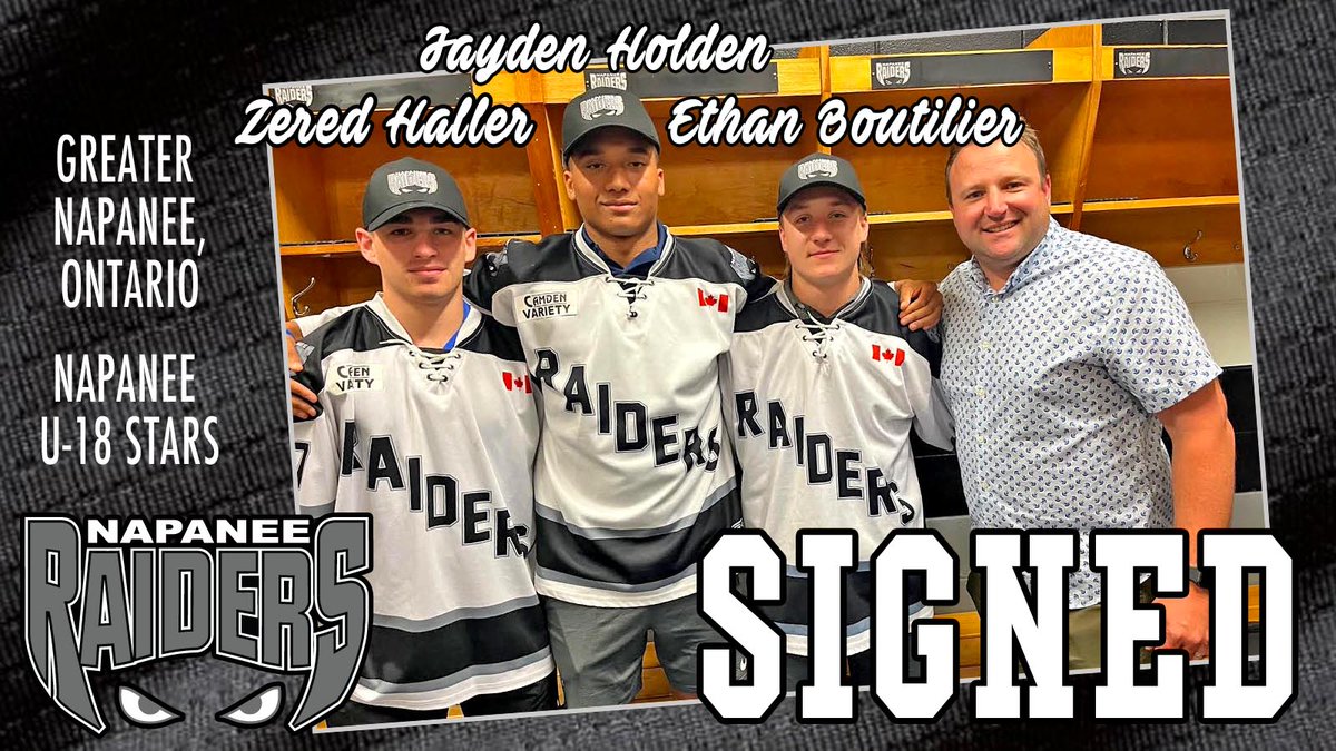 SIGNING ALERT!  We're pleased to announce that <a href="/NapaneeMinorHoc/">Napanee Minor Hockey</a> Stars leaders Zered Haller, Jayden Holden, and Ethan Boutilier will be staying in their hometown and playing with us this fall.  

For more, see napaneeraiders.com/raiders-select…

#NapaneesTeam #GoRaidersGo