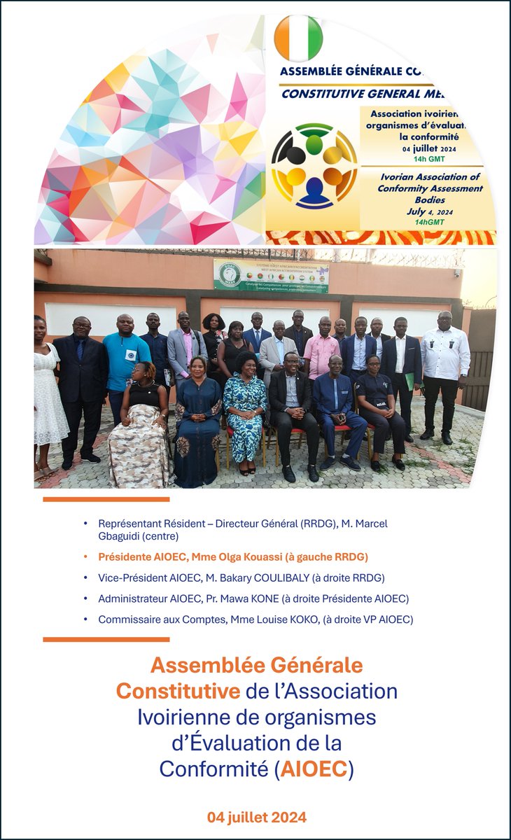 SOAC_WAAS (@soacwaas) on Twitter photo 🚀Lancement de l'Association ivoirienne des OEC (#AIOEC )! Félicitations aux 1ers élus: #OlgaKOUASSI (<a href="/NormeBna/">Bureau Norme Audit BNA-Groupe</a>), Bakary COULIBALY(<a href="/groupe_enval/">Enval Group (Laboratoires & Cabinet )</a>), Pr Mawa KONE(#LANEMA), Louise KOKO (#DLCP). Une initiative clé pour le recours à l’accréditation #SOAC dans l’espace <a href="/UEMOA_Officiel/">UEMOA_Officiel</a> 🚀Lancement de l'Association ivoirienne des OEC (#AIOEC )! Félicitations aux 1ers élus: #OlgaKOUASSI (<a href="/NormeBna/">Bureau Norme Audit BNA-Groupe</a>), Bakary COULIBALY(<a href="/groupe_enval/">Enval Group (Laboratoires & Cabinet )</a>), Pr Mawa KONE(#LANEMA), Louise KOKO (#DLCP). Une initiative clé pour le recours à l’accréditation #SOAC dans l’espace <a href="/UEMOA_Officiel/">UEMOA_Officiel</a>