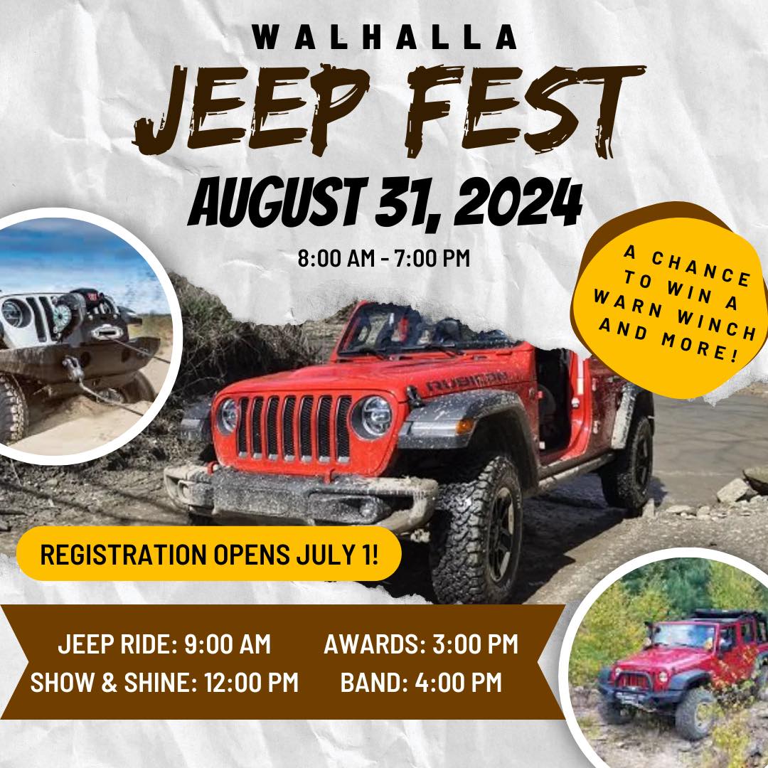 The 1st Walhalla Jeep Fest will be August 31st! Register for the Jeep Ride started July 1st. cityofwalhalla.com/events/#171898…