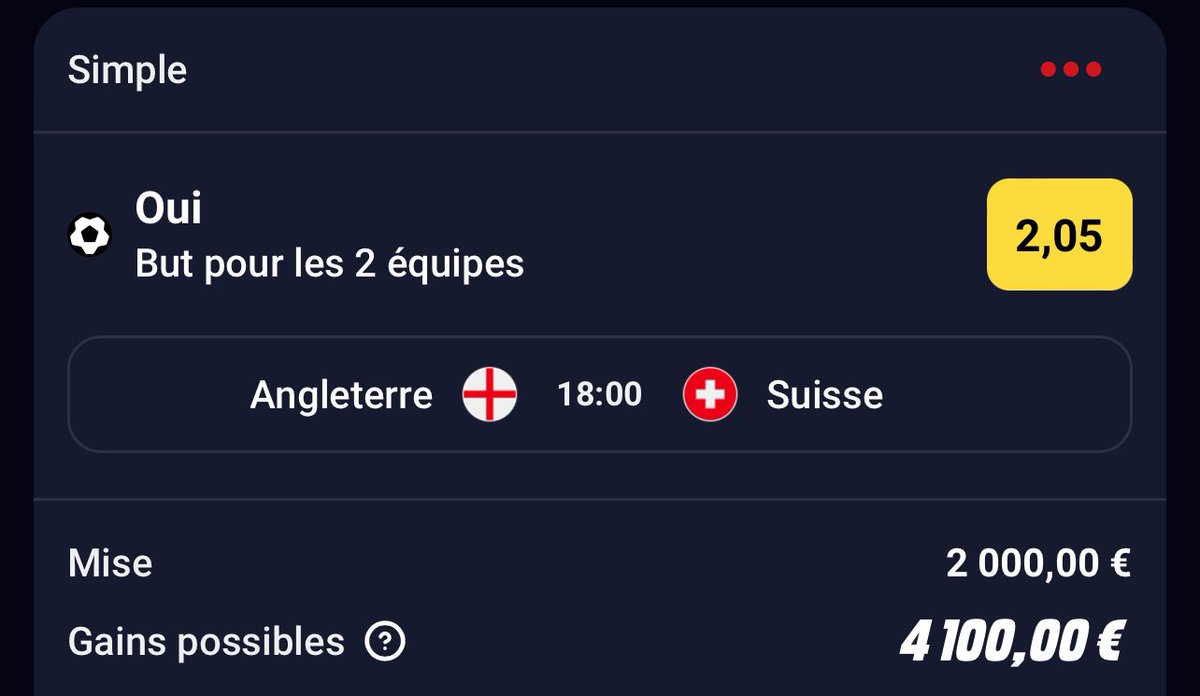 lasacoche10's tweet photo. ANGLETERRE SUISSE LES 2 MARQUENT 💣💣💣💣

Cote a 2.05 c’est abusé on a pas le profil d’un match fermé 

100€ a l’un d’entre vous qui Like / RT + follow

Si ça passe, bonne chance 🍀 https://t.co/snW89L1K4p