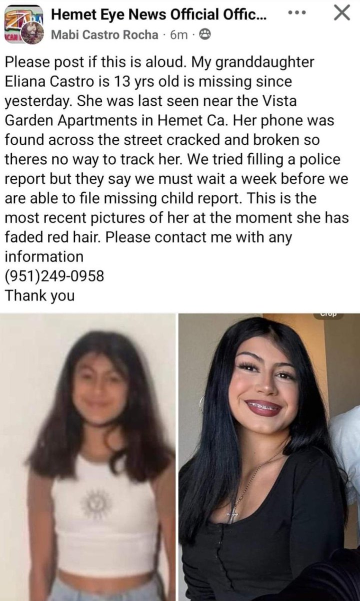 💥MISSING CHILD ALERT💥
~~~ PLEZ RETWEET~~~

ELIANA CASTRO
#ELIANOCASTRO
13 YEARS OLD

LAST SEEN~
VISTA GARDEN APARTMENTS
HEMET, CALIFORNIA

CONTACT W ANY INFO
951.249.0958
<a href="/PurgeRebel/">GrannyLovesAmerica</a>
