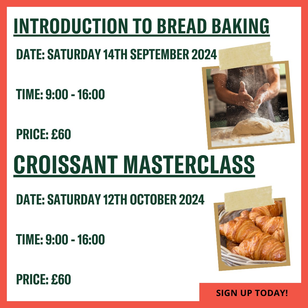 📣NEW BAKERY COURSES AVAILABLE📣

Sign up to one of our new one day bakery courses! Take a look at what we have to offer and sign up to one (or multiple) TODAY! 🍰

Croissant Masterclass:bit.ly/4cOaHOZ

Introduction to Bread Baking: bit.ly/3VPLCfQ